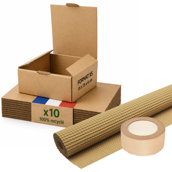 Kit boîte carton expédition 100% recyclable + papier + adhésif kraft - Life Pack
