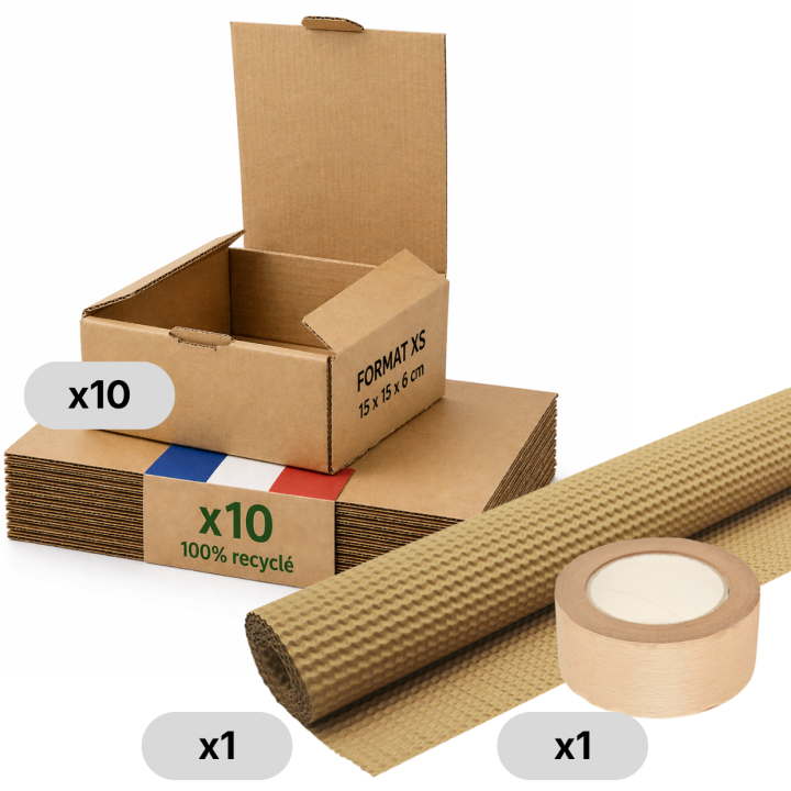Kit boîte carton expédition 100% recyclable + papier + adhésif kraft - Life Pack