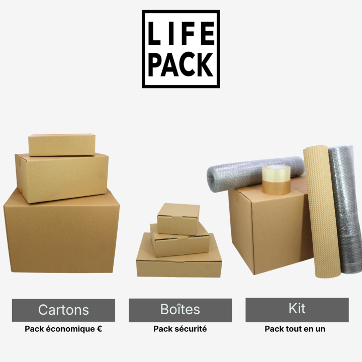 Kit boîte carton expédition 100% recyclable + papier + adhésif kraft - Life Pack